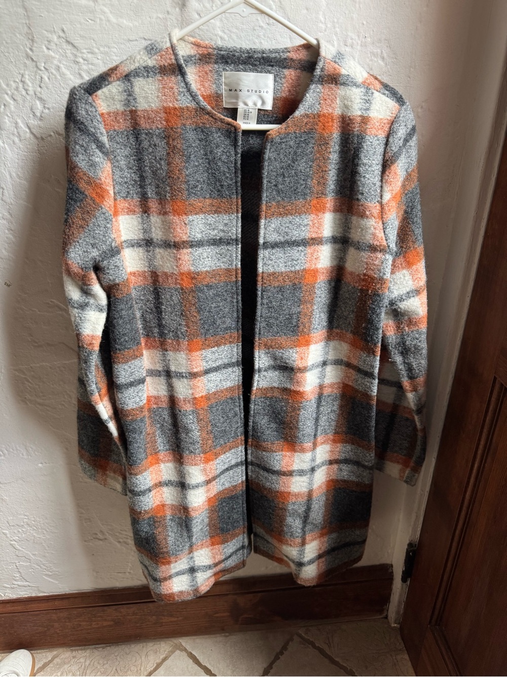 Max Studio Gray Cream & Orange Plaid Open-Front Size Medium
